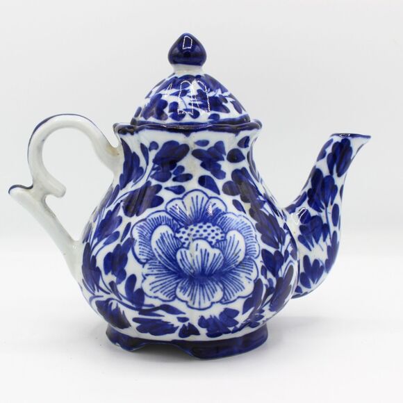 Vintage Blue White Porcelain Teapot Floral Design Small Hand Painted Asian Style - Picture 1 of 6